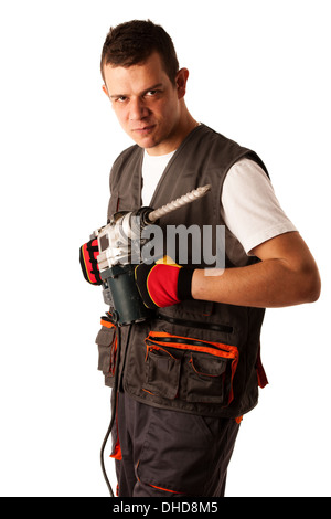 Construction worket with drilling machine isolated over white background Stock Photo