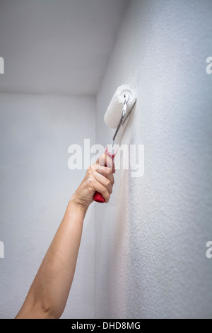 Closeup of female hand painting wall with paint roller. Stock Photo