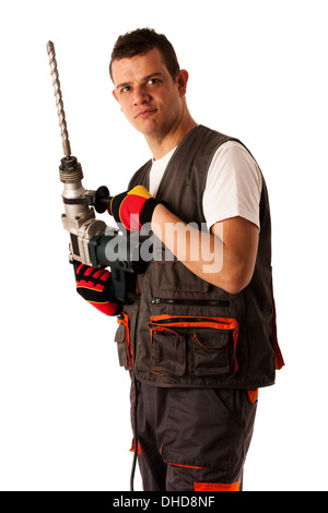 Construction worket with drilling machine isolated over white background Stock Photo