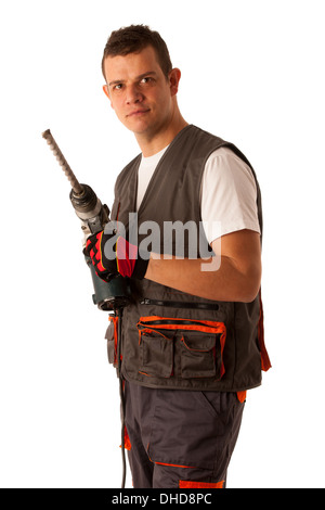 Construction worket with drilling machine isolated over white background Stock Photo