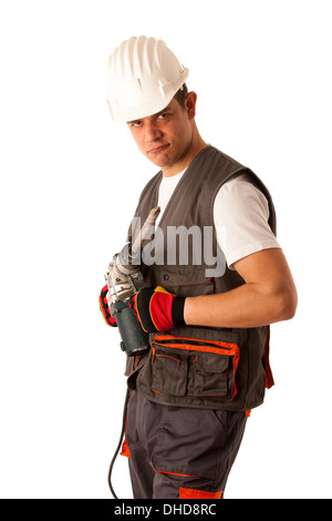 Construction worket with drilling machine isolated over white background Stock Photo