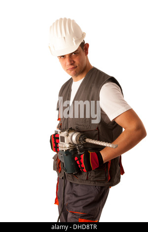 Construction worket with drilling machine isolated over white background Stock Photo