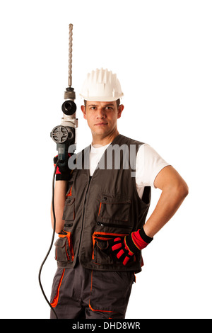 Construction worket with drilling machine isolated over white background Stock Photo