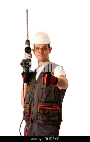 Construction worket with drilling machine isolated over white background Stock Photo