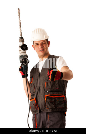 Construction worket with drilling machine isolated over white background Stock Photo