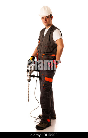 Construction worket with drilling machine isolated over white background Stock Photo