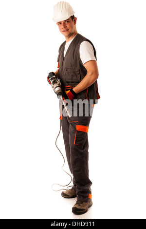 Construction worket with drilling machine isolated over white background Stock Photo