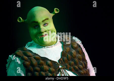 Duesseldorf, Germany. 07th Nov, 2013. The performer Frank Winkels dressed as Shrek poses on the stage during the casting for the musical 'Shrek' in the Capitol Theatre in Duesseldorf, Germany, 07 November 2013. The hero Shrek and his princess Fiona fascinated an audience of millions in the cinemas worldwide. In October 2014 the musical celebrates its premiere in the Capitol Theatre in Duesseldorf. Photo: HORST OSSINGER/dpa/Alamy Live News Stock Photo
