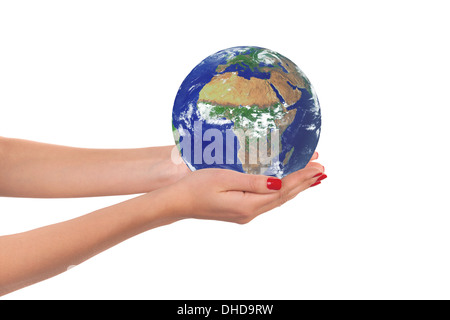 The planet Earth in a woman hands. Stock Photo