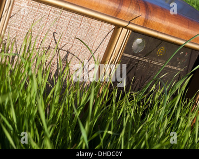 vintage radio receiver in green grass Stock Photo
