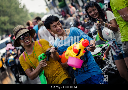 Locals celebrate Thai New Year by throwing water at one another, Songkran water festival, Chiang Mai, Thailand, Southeast Asia Stock Photo