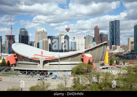 Saddledome Stadium And City Skyline At Sunset, Calgary, Alberta