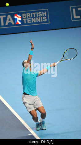 Rafael Nadal in action during the Barclays ATP World Tour Singles match. Stock Photo