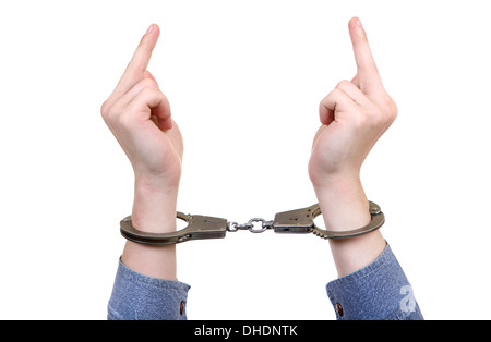 Handcuffs on Hands closeup Stock Photo - Alamy