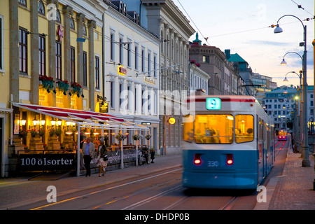 Restaurant and tram on Sodra Hamng, Gothenburg, Sweden, Scandinavia, Europe Stock Photo