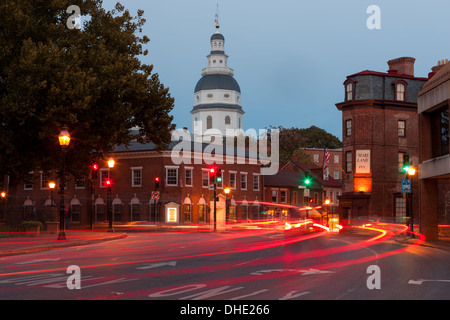 Traffic on Church Circle in Annapolis, Maryland creates streaks of light in front of the Maryland State House and Maryland Inn. Stock Photo