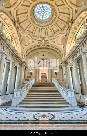 The stairs leading to Memorial Hall inside Bancroft Hall located at the US Naval Academy in Annapolis, Maryland. Stock Photo