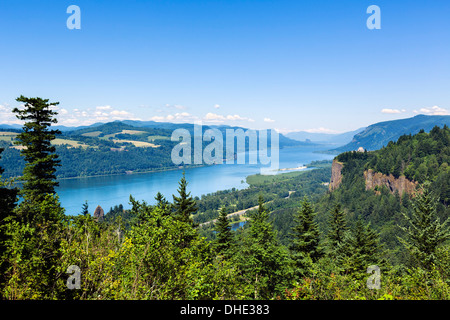 View over Columbia River Gorge from historic Columbia River highway looking towards Crown Point and Vista House, Oregon, USA Stock Photo