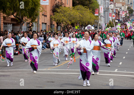 Female Japanese-American dancers in kimono at Obon summer festival - San Francisco, California USA Stock Photo