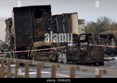 M5 motorway vehicle accident and crash and fire,involving 34 cars,vans and lorries, Somerset,UK,in which 7 people died in fog. Stock Photo