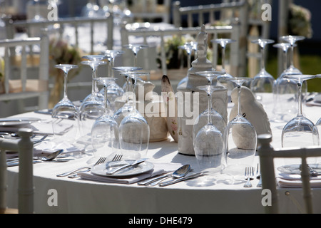 Wedding table decoration reception trees plates eat eating guests party attract attraction detail snow snowy drink enjoy fun Stock Photo