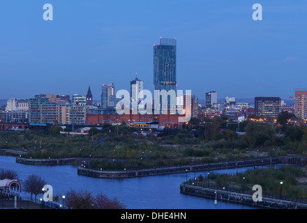 Manchester city centre skyline at dusk including the Town Hall and Beetham Tower Stock Photo
