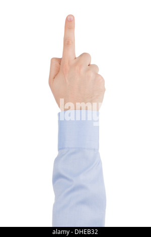 The index finger of a man's hand in a shirt is touching virtual screen on a white background, top view. Stock Photo