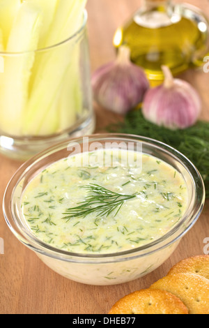 Tzatziki, a Greek and Turkish sauce, made of yogurt, cucumber, garlic, olive oil and dill Stock Photo