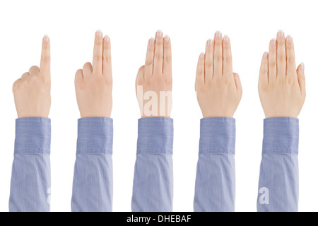 Woman's hand shows with fingers from one to five on a white background. Stock Photo