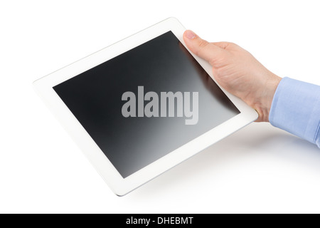 Man's right hand holding a tablet computer on a white background. Stock Photo