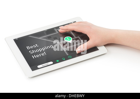 Woman's hand over a tablet computer extending fingers. There is a map on the screen with points of interest and the inscription