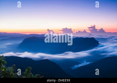 View of mountains from the 2443m summit of Adams Peak (Sri Pada) at sunrise, Central Highlands, Sri Lanka, Asia Stock Photo