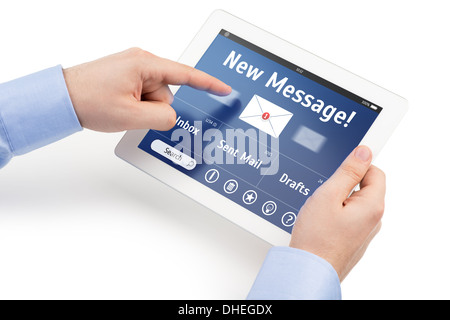 Man’s hands holding a tablet computer with mail interface on the screen, isolated on a white background. Stock Photo