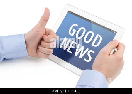 Mans hand shows thumbs up gesture at the tablet computer screen on which displays the good news message. Stock Photo