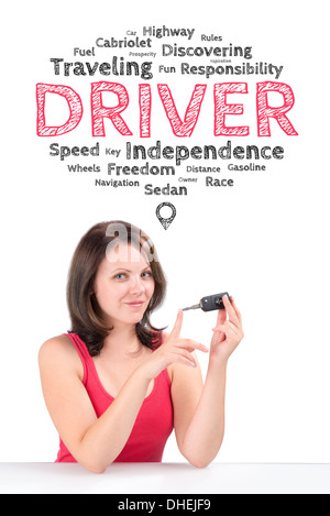 Young female driver is under the emotions bubble is holding car keys in her hands and looking at the camera Stock Photo