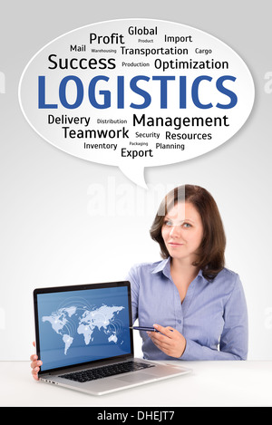 Logistics manager is showing world map on a laptop screen under technology wordcloud, business concept Stock Photo