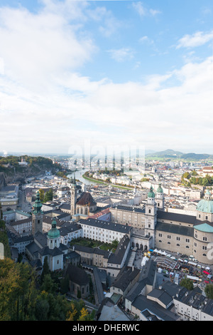 A view over-looking the city of Salzburg, Austria taken from the Hohensalburg Castle Stock Photo