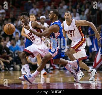 Miami, Florida, USA. 7th Nov, 2013. Miami Heat point guard Norris Cole (30) defends Los Angeles Clippers point guard Chris Paul (3) at AmericanAirlines Arena in Miami, Florida on November 7, 2013. Credit:  Allen Eyestone/The Palm Beach Post/ZUMAPRESS.com/Alamy Live News Stock Photo
