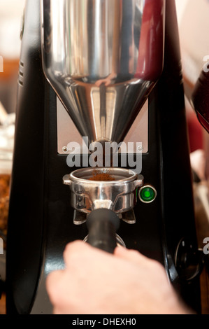 Barista collecting ground coffee Stock Photo