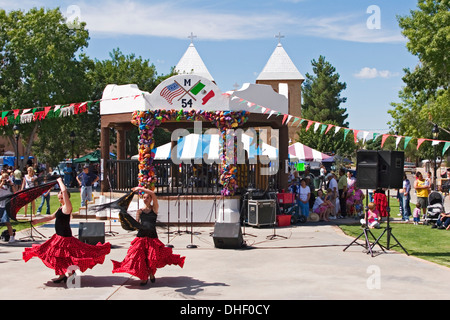 Flamenco dancers in plaza, 16 de Septiembre Mexican Independence Day Celebration (similar to Cinco de Mayo), Old Mesilla, New Mexico USA Stock Photo