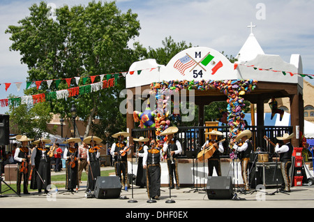 Mariachi band on plaza, 16 de Septiembre/Mexican Independence Day Celebration (similar to Cinco de Mayo), Old Mesilla, New Mexico USA Stock Photo