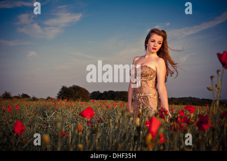 Young pretty model in poppy field Stock Photo