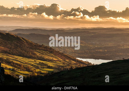 Lake Windermere seen from the top of the Kirkstone Pass in Cumbria. Stock Photo