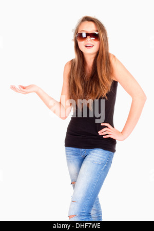 Portrait of a Teenage Girl with Sunglasses Making Gestures - Isolated on White Stock Photo