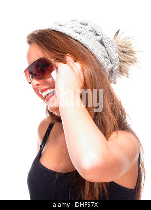 Teenage Girl with Sunglasses on Mobile Phone - Isolated on White Stock Photo