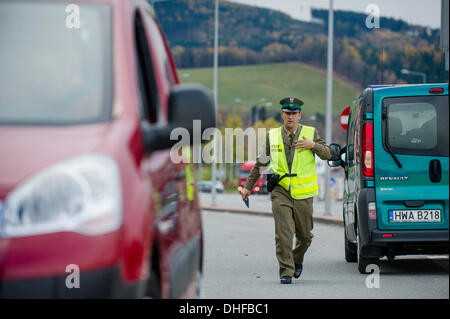 Poland introduced temporary border controls in frame of Schengen area. Reason for doing so is to increase security during UN conference on climate change which will take place in Warsaw, Poland from November 11 till November 22. Border crossing Czech republic / Poland, Nachod / Beloves is pictured on November 8, 2013. (CTK Photo/David Tanecek) Stock Photo