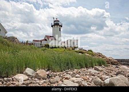 The Eastern Point Lighthouse serves the Gloucester Harbor in Massachusetts. Stock Photo