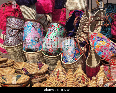 hand made bags and baskets on the open market in marrakech ,Marocco  Stock Photo