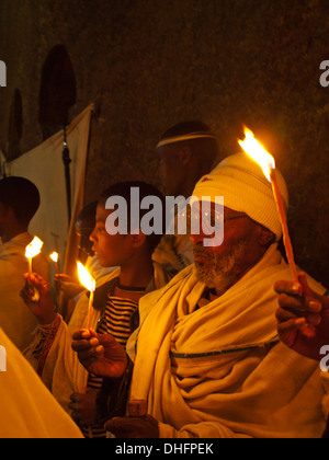 Pilgrims in Easter night procession in Lalibela Stock Photo