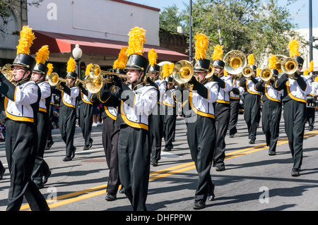 Buchholz High School marching band horn section, yellow and black costumes,   University of Florida 2013 Homecoming Parade, USA. Stock Photo